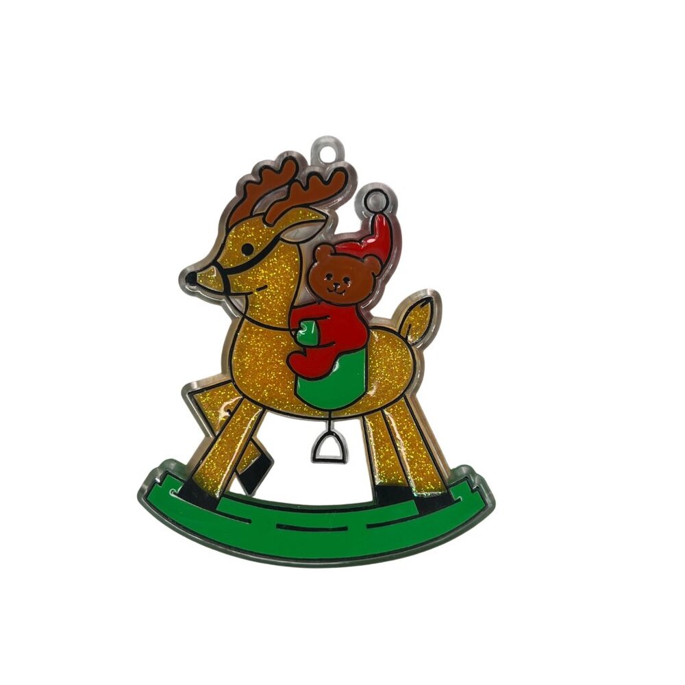 Glittery Acrylic Rocking Reindeer Ornament W/ Teddy Bear & Bell Accent Christmas